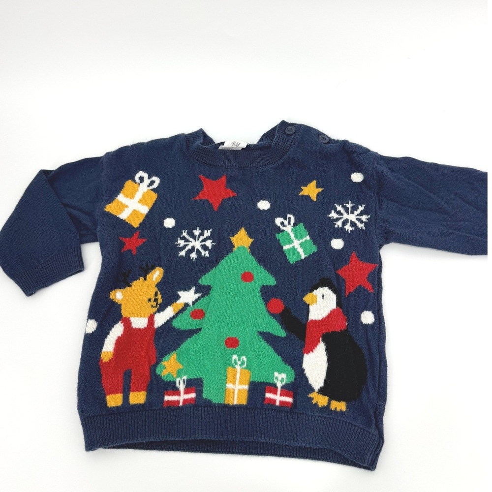 H&M Baby Navy Blue Christmas Tree Penguin Reindeer Knit Sweater 9M